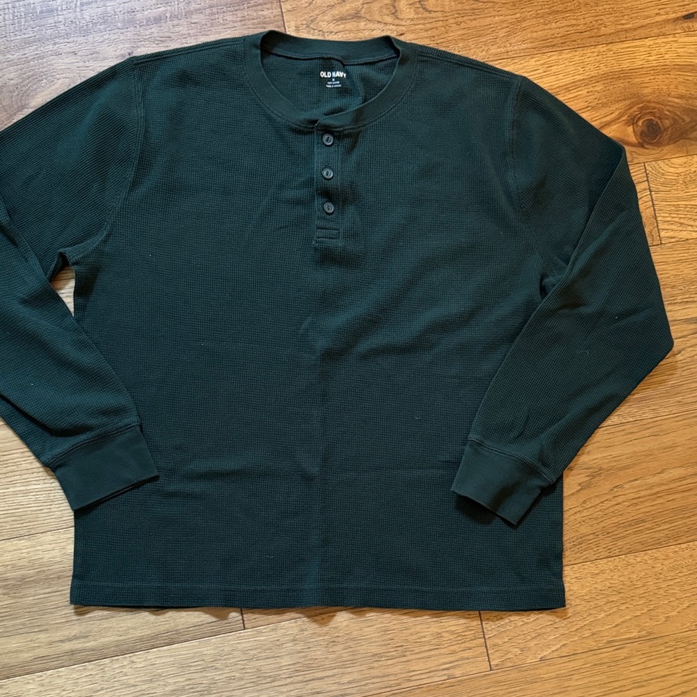 😊Old Navy Men's Forest Green Waffle Henley Long Sleeve Shirt